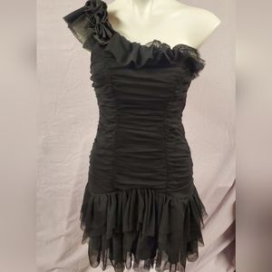 Masquerade Black Short Dress Size Medium Asymmetric One Shoulder Flower Accent